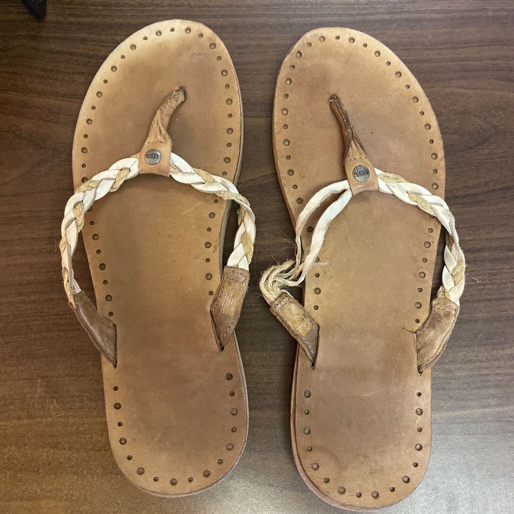 Ugg Navie Sandals‎ 10 Leather White Braided Flip Flops Thongs Weave PARTS REPAIR